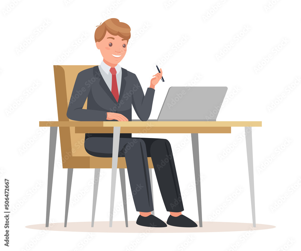 Man Office Worker Sitting at Desk with Laptop Vector Illustration Man Office Worker Sitting at Desk with Laptop Vector Illustration