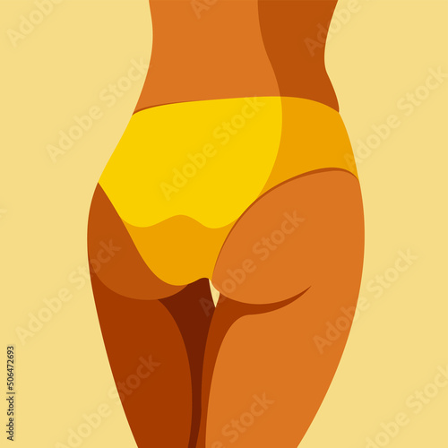 vector image on the theme of summer vacation and beach holidays. tanned beautiful juicy female buttocks in a bright yellow swimsuit on the beach. useful for web design, flyers, cards, posters, print