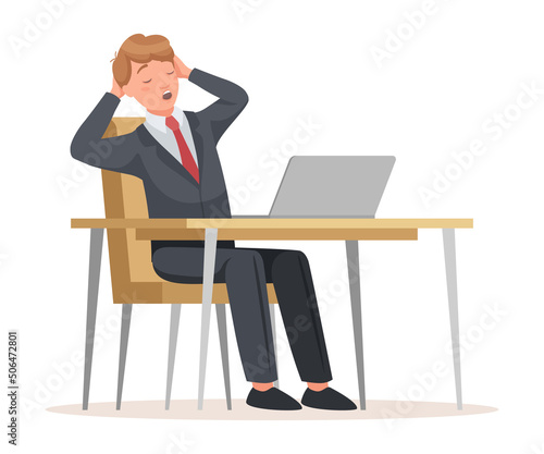 Man Office Worker Sitting at Desk with Laptop Feeling Sleepy Yawning Vector Illustration
