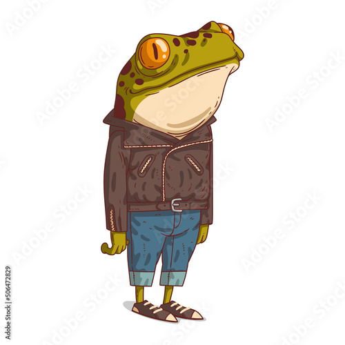 Cool Guy, isolated vector illustration. Serene anthropomorphic frog in a leather jacket admiring something. Positive humanized toad. A rocker. A punk. A biker. An animal character with a human body.