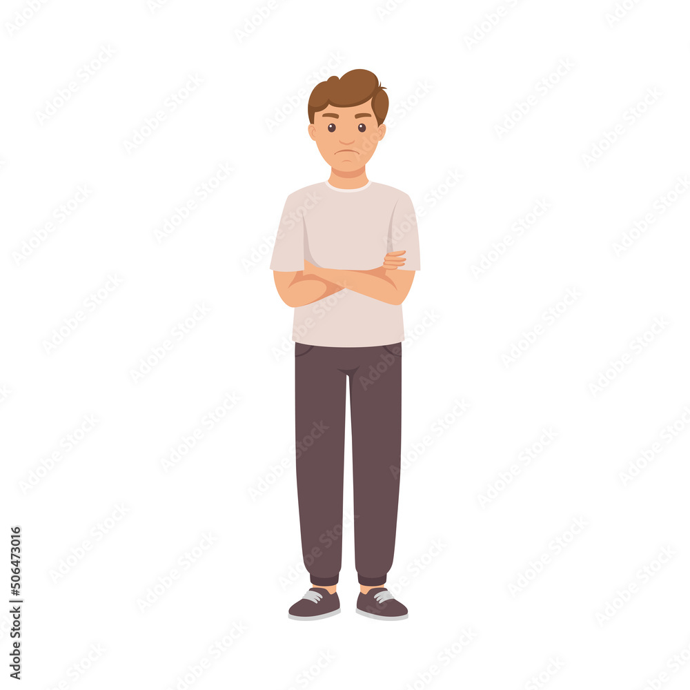 Man Character in Casual Pants Standing with Folded Arms and Sad Grimace Vector Illustration Man Character in Casual Pants Standing with Folded Arms and Sad Grimace Vector Illustration