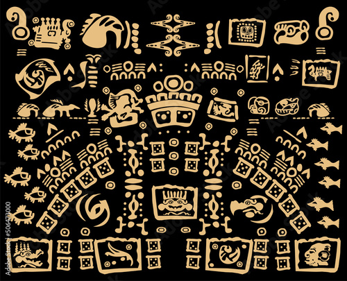 Abstract design with an ancient Mayan ornament. Images of characters of ancient American Indians. The Aztecs, Mayans, Incas.Ancient signs of America on a black background. 