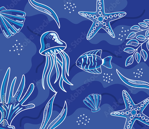 sea life animals blue pattern