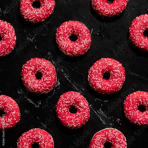 Pattern of Different donuts on black concrete background in square. Top view.