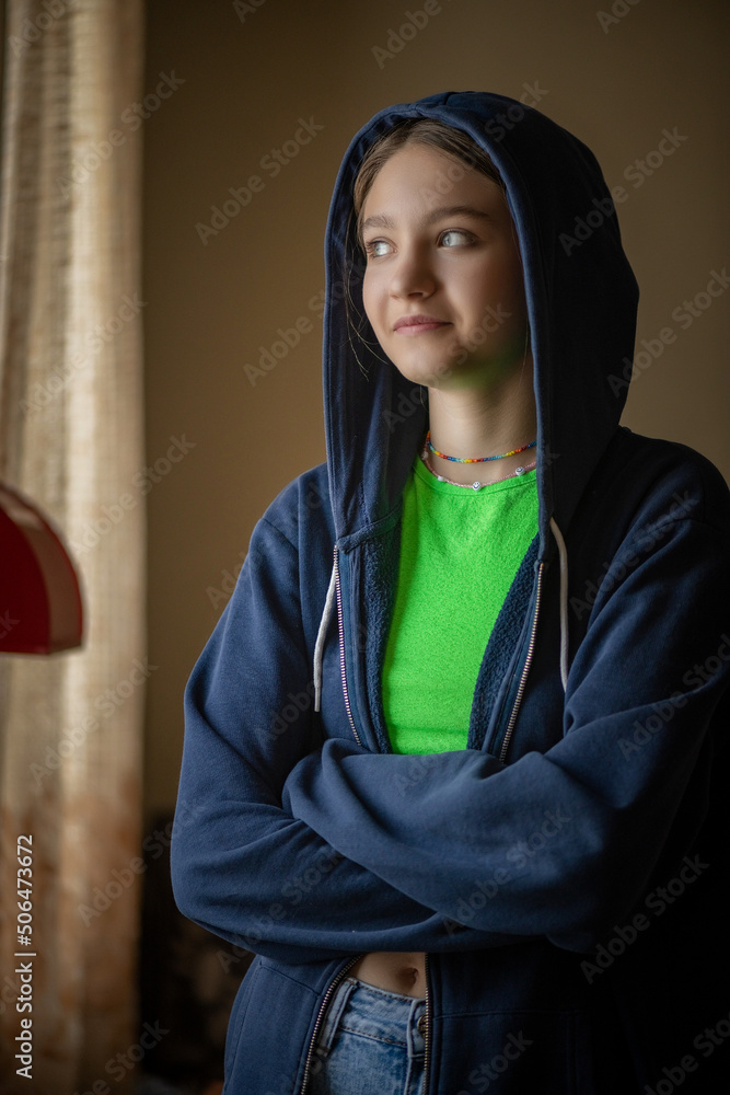 Portrait of a beautiful young girl in a home photo studio. artistic noise.