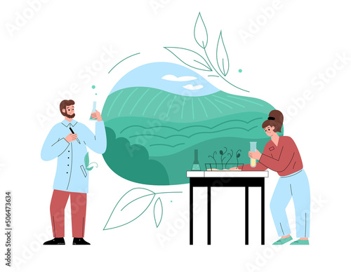 Specialists in agronomy, agriculture and plant breeding, flat vector isolated.