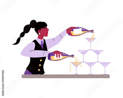 Bartender pouring wine in pyramid of glasses, flat vector illustration isolated.