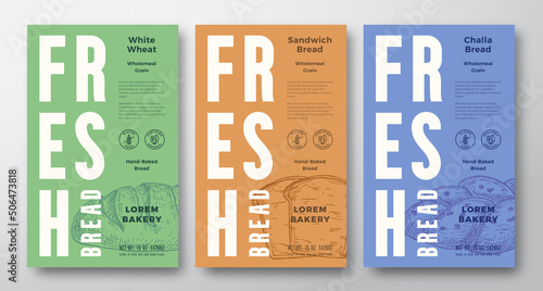 Fresh Baked Bread Abstract Vector Packaging Design Labels Collection. Modern Typography Banners, Hand Drawn Bread Loaf and Pieces Sketch Silhouettes Set. Color Paper Background Layouts Isolated