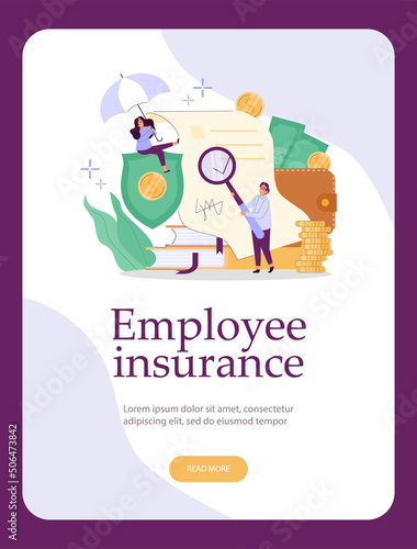 Employee insurance web banner template, happy office workers using benefits of the company, flat vector illustration.
