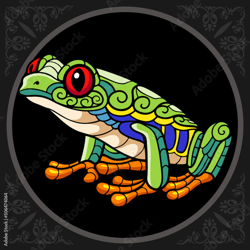 Colorful red eyed tree frog zentangle arts. isolated on black background.