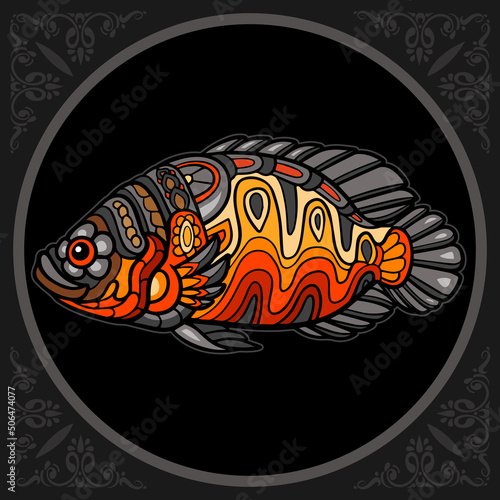 Colorful oscar fish zentangle arts. isolated on black background.