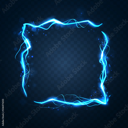 Abstract sci-fi background. Thunder lightning frame on dark blue background.