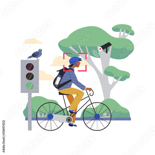 CCTV or video surveillance in public, man riding bicycle in the park - flat vector illustration isolated on white.