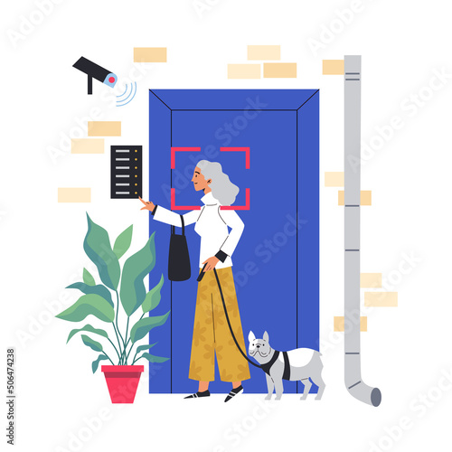 Old lady ringing doorbell in front of the CCTV or surveillance camera - flat vector illustration isolated on white.