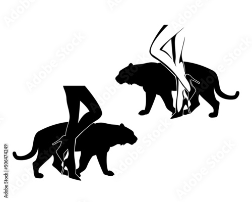sexy woman slim legs wearing high heels stiletto shoes with walking tiger cat silhouette - black and white vector seductive design set