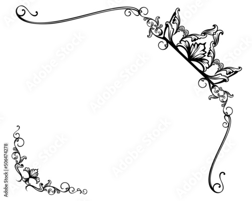 elegant calligraphic  ornament forming copy space frame decorated with royal crown -  black and white vintage vector decorative background design
