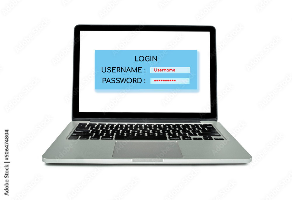 Laptop computer with a login screen, user, and password security isolated on white background. Laptop computer with a login screen, user, and password security isolated on white background.