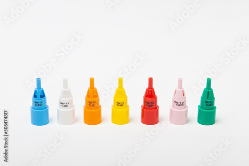 Multicolored plastic venturi valves. used for inhalation.