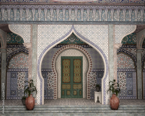Mosque door with tiles in blue and white.