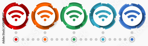 Wifi, communication concept vector icon set, modern design abstract web buttons in 5 color options, infographic template for webdesign and mobile apps