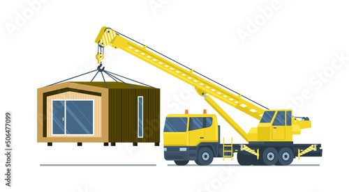 Truck crane lifts assembled modular home. Vector illustration.