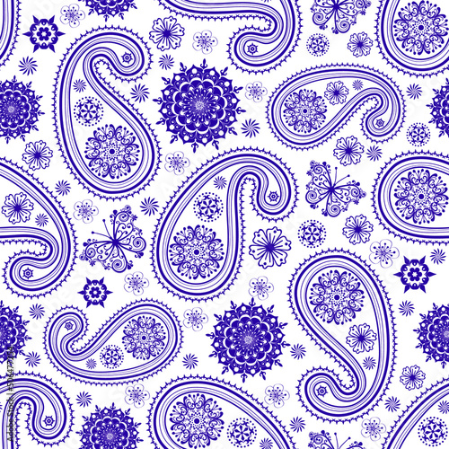 Seamless monochrome vintage pattern with paisley, flowers and butterflies on a transparent background. Vector узы 10
