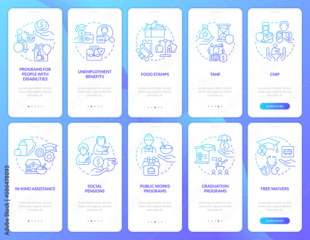 Social assistance blue gradient onboarding mobile app screen set. Walkthrough 5 steps graphic instructions pages with linear concepts. UI, UX, GUI template. Myriad Pro-Bold, Regular fonts used