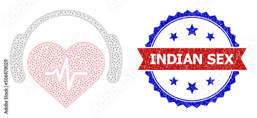 Triangular heart sound framework icon, and bicolor scratched Indian Sex seal. Polygonal wireframe symbol designed with heart sound icon.
