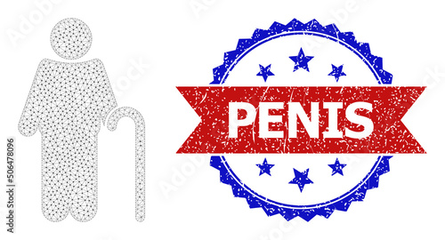 Mesh gentleman wireframe icon, and bicolor rubber Penis stamp. Mesh wireframe illustration is designed with gentleman pictogram. Vector watermark with Penis text inside red ribbon and blue rosette,