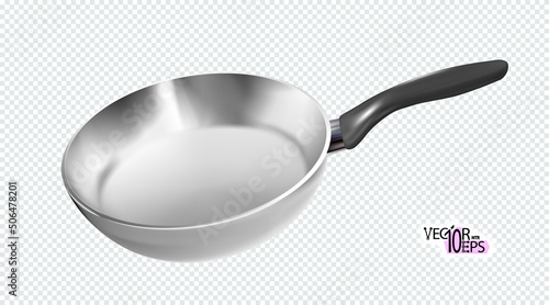 Realistic empty metal frying pan with plastic black handle isolated on white background. Kitchen utensil. Vector illustration Eps10.