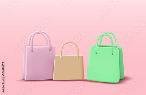 Set of Shopping bag realistic 3d design. Stylish fashionable bag isolated on Fink background. 3D Web Vector Illustrations.