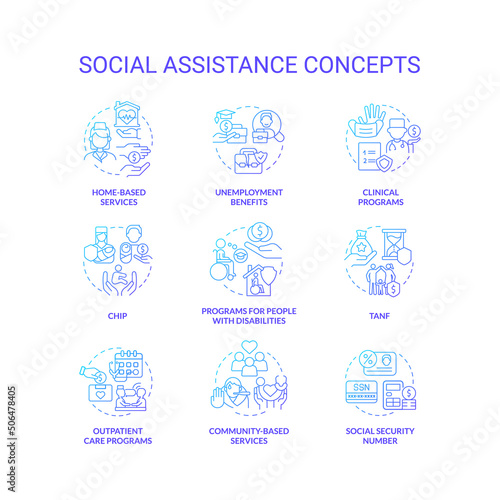 Social assistance blue gradient concept icons set. Help for needy people. Support programs idea thin line color illustrations. Isolated symbols. Roboto-Medium, Myriad Pro-Bold fonts used