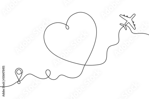 Continuous one line drawing of airplane path in heart form. One single line airplane route with start point and hearted way, aircraft with heart shaped trace. Vector illustration.