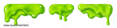 Green slime drop. Liquid paint sauce drip. 3d realistic vector illustration isolated on white background. Halloween design. Flowing melted toxic blob. Horizontal leaking border