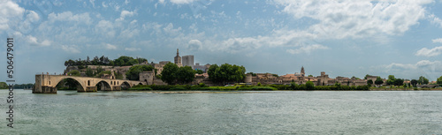 Panorama of Avignon with the Saint Benezet bridge over the Rhone river, in Vaucluse, in Provence, France