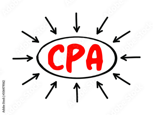 CPA Certified Public Accountant - designation provided to licensed accounting professionals, acronym text with arrows