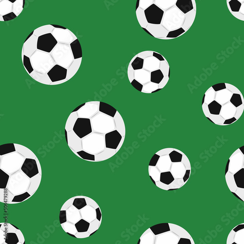 Seamless pattern with soccer balls on green. Sports background. Vector illustration in cartoon flat style.