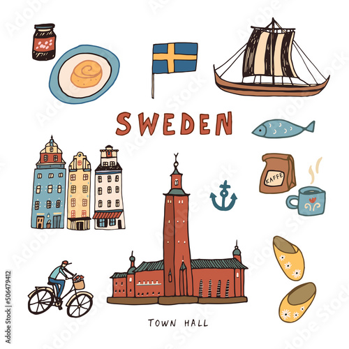 Sweden Stockholm vector architecture, landmark objects illustrations set