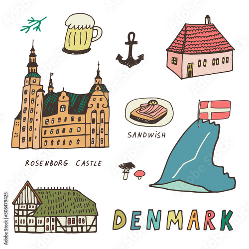 Denmark Copenhagen architecture objects, travel vector illustrations set 