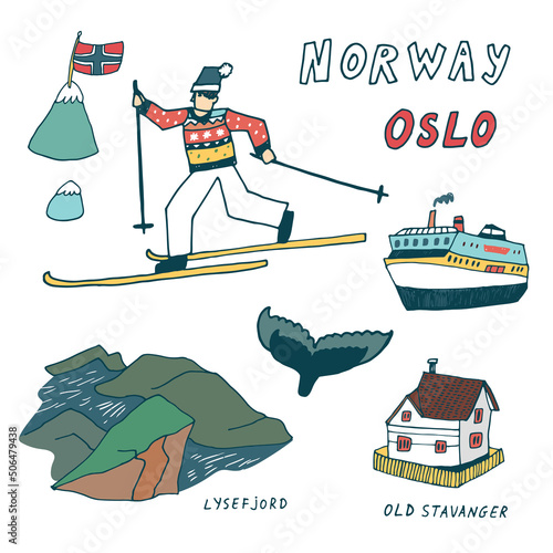 Norway Oslo architecture objects, travel vector illustrations set 