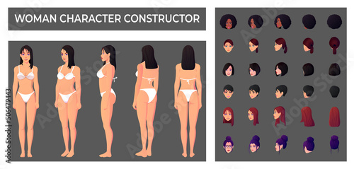 Woman Character Wearing White Bikini Front View, Side View And Back View with Multiple Ethnicities