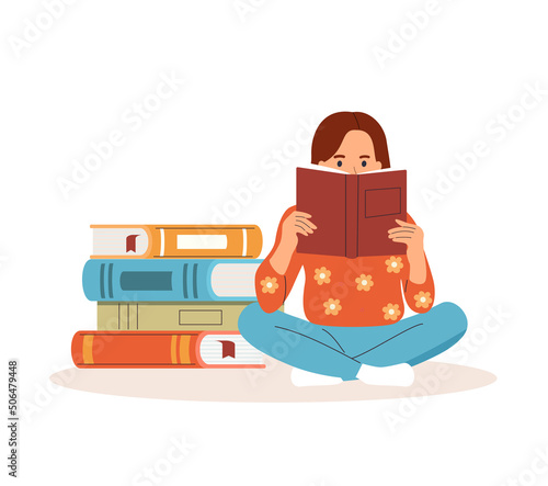 Young girl sitting near pile of books and reading book. Vector flat illustration.