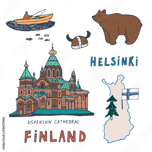 Finland Helsinki architecture objects, travel vector illustrations set 