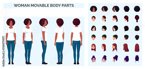 Cartoon Character creation with a Woman Wearing Casual White T-shirt and Blue Jeans, Front, Back and Sideview multicultural Set .