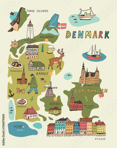 Denmark Copenhagen map with architecture objects, travel vector illustrations set 