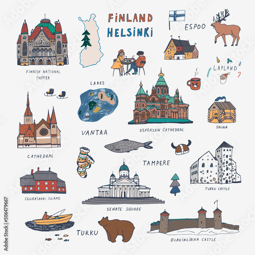 Finland Helsinki architecture objects, travel vector illustrations set 