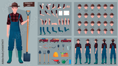 Male Farmer Character Constructor and Builder Set with Tools, Expressions, Hand gestures, lip-sync, pickup truck Premium Vector