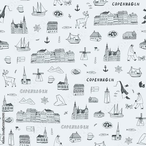 Denmark Copenhagen architecture objects, travel vector seamless line pattern