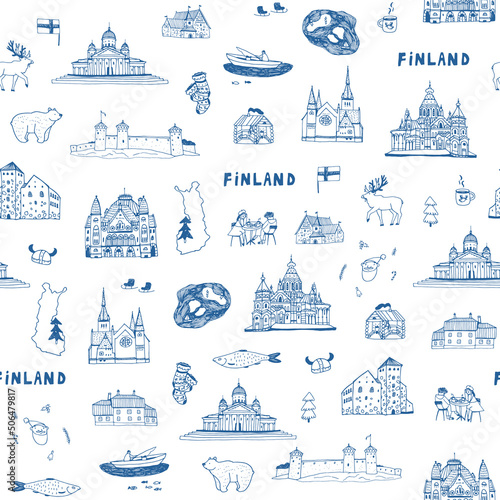 Finland Helsinki architecture objects, travel vector seamless pattern