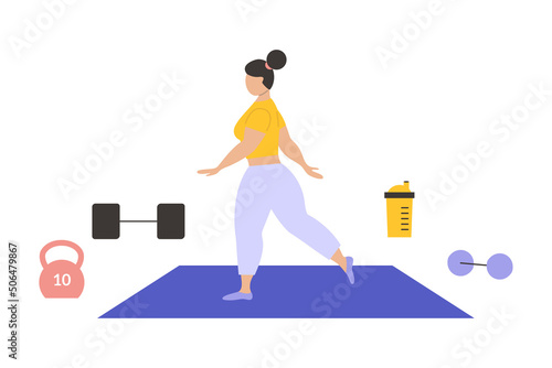 Fitness woman. Female character in gym training, dumbbells and barbell, girl athlete in sportswear doing exercises on mat. Home workout and yoga, healthy lifestyle concept, vector illustration